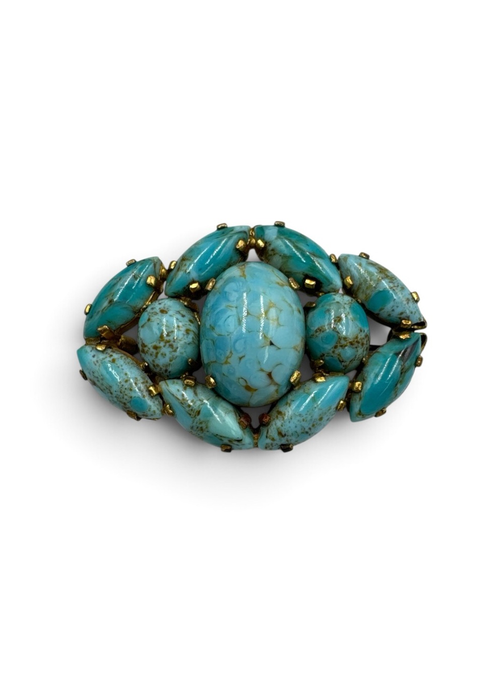 Vintage 1930s Czechoslovakia Turquoise Glass Prong Set Brooch C Clasp